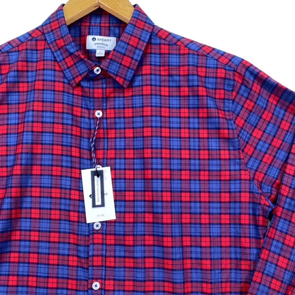 Sperry Button Down Shirt Mens Large Red Blue Plaid Long Sleeve Stretch New